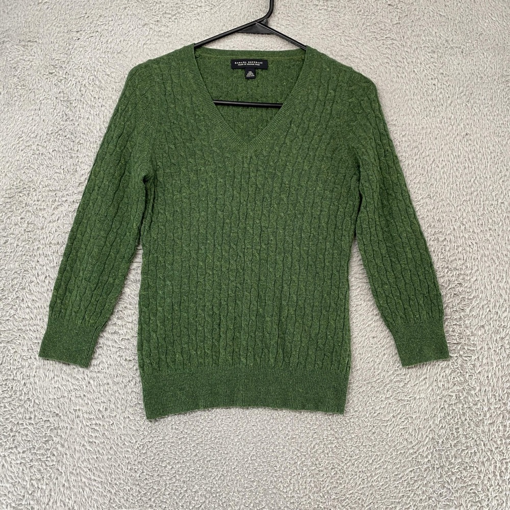 Banana Republic Wool Cashmere Sweater Womens XS Green Cable Knit Old Money